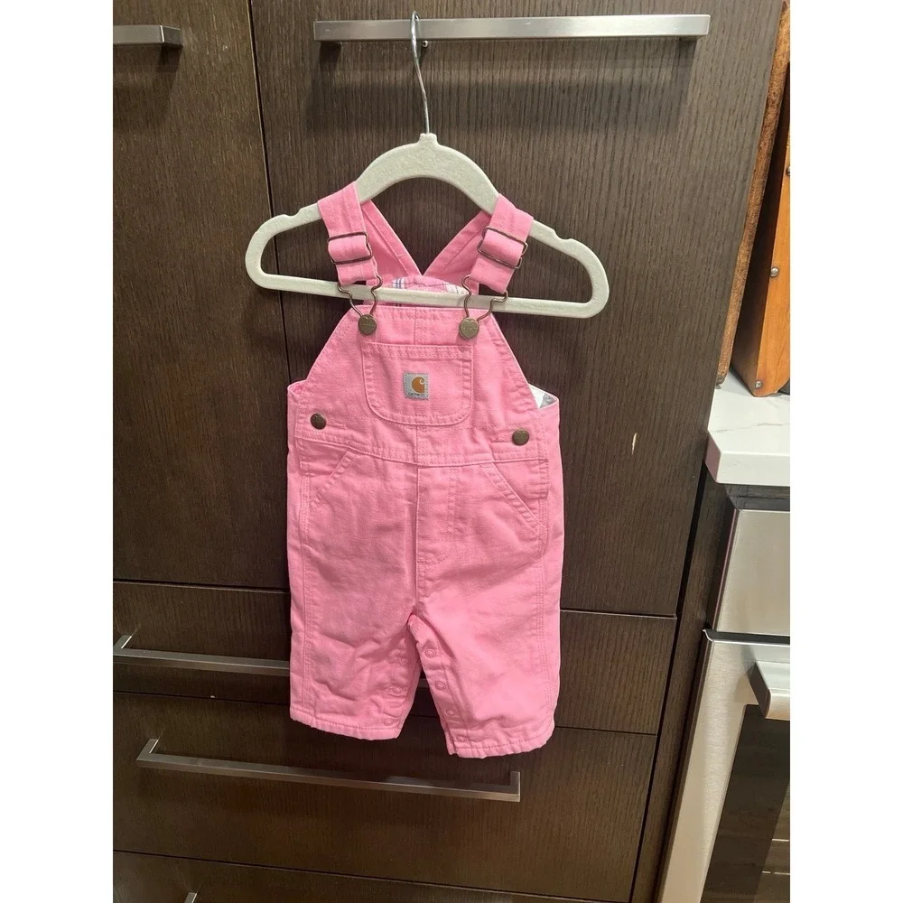 Carhartt toddler girl's canvas bib overalls in pink 3 months